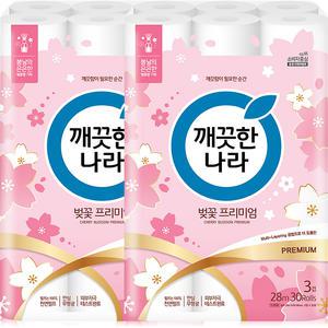 깨끗한나라 벚꽃 프리미엄 3겹 화장지 28m 30롤 2팩 (60롤)