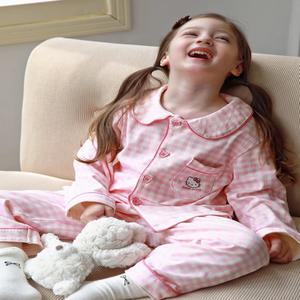 키즈 아동복 잠옷 아기 헬로 키티 세트 어린이 새 봄 가을 긴 격자 무늬 탑 바지 정장 Loungewear