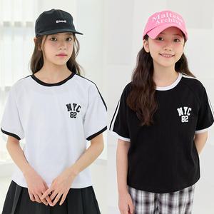 애나 라인 배색 반팔 티셔츠 / 여아 주니어 의류 초등학생 옷