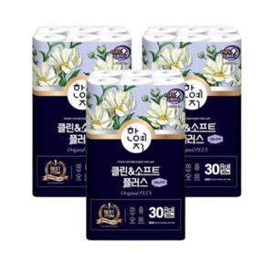 한예지 클린앤소프트 천연펄프 3겹 화장지 30m 30롤 3팩