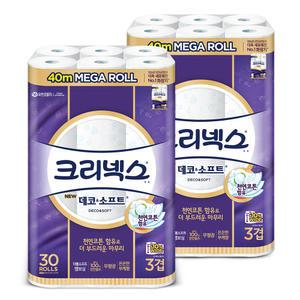 크리넥스 3겹 데코&소프트 화장지 40mx30롤x2 화장실 롤티슈 먼지없는 두루마리휴지 두루말이 무형광