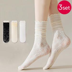 3켤레 홀로우 통기성 메쉬 플라워 레이스 양말