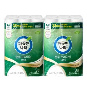 깨끗한나라 순수 프리미엄 화장지 33m 3겹 30롤 x 2팩/휴지