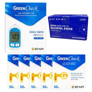 GC녹십자 GREEN Check 큰 스트립 집기 편한 손잡이 편리하고 위생적인 그린첵 혈당시험지 50매 X 5개 + 그린첵 혈당측정기 + SD알콜스왑100매입
