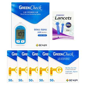 GC녹십자 GREEN Check 큰 스트립 집기 편한 손잡이 편리하고 위생적인 그린첵 혈당시험지 50매 X 5개 + 그린첵 혈당측정기 + SD채혈침100개입