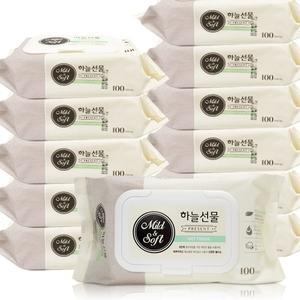 하늘선물 물티슈 캡형 100매x12개 휴대형 유아 아기 세정제 엠보싱 찌든때 기름때 청소 밀대
