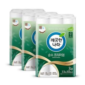 깨끗한나라 3겹 데코 순수 프리미엄 화장지 33m 30롤 3팩