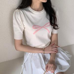 [미나그램] 로프벳 리본 반팔 퍼프니트