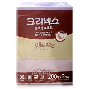 크리넥스 클래식 소프트 200매 3개입 x1개 무향 미용티슈