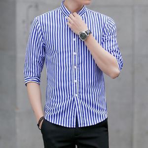 남성 심플데일리룩 체크 셔츠 여름 7부 소매 스트라이프 슬림 캐주얼 블라우스 OOTD2