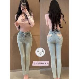 여성 스키니진 풍기 패드 포함 백 포켓 레이스 리본 스키니 진 데님 하이웨스트 힙 레이즈 슬림핏 슬리시