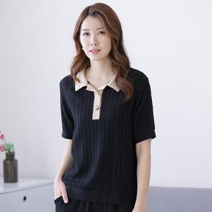 [이브바바]여성 여름 인견 반팔 플리츠 카라 블라우스 티셔츠 중년 엄마옷 상의