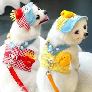만화 귀여운 개 하네스 견인 밧줄 조끼 가죽 끈과 모자 세트 가능한 강아지 칼라 스트랩 옷