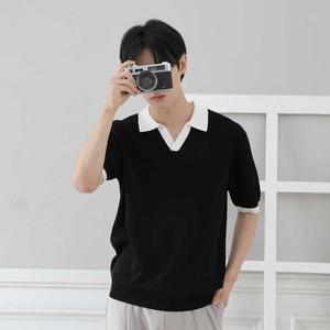 [아웃도어스/에스앤피 글로벌]반팔 배색 오픈 카라 니트