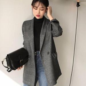 봄가을 간절기 여성체크자켓 정장자켓 오버핏 울혼방 면접룩 소매롤업 직장인