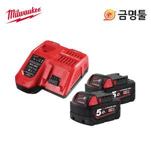 밀워키 M18B5(2개)+M12-18FC(급속충전기) 스타터키트 밧데리콤보 M18 FID M18 FPD호환용