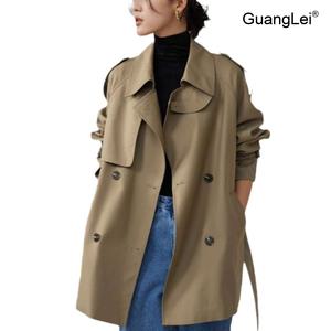 카키색 더블브레스티드 GuangLei 여성 트렌치코트 봄가을 슬림핏 자켓