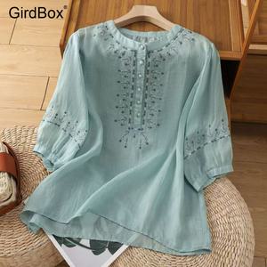 생활한복 GirdBox 개량한복 여름철릭원피스 면소재 반팔 자수 디자인