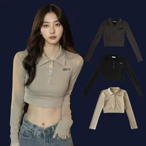 [오노마] ONM 여성 티셔츠 배꼽티 숏티셔츠 카라 긴팔탑티 소개팅