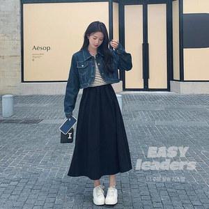 여성 가을 스트라이프패치 치마 봄 롱 하이웨스트 투피스세트 숏데님자켓 여자