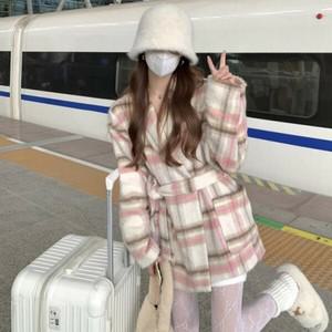 [하프클럽/다잇템]여자 스트랩 알파카 FW 격자 하프 코트