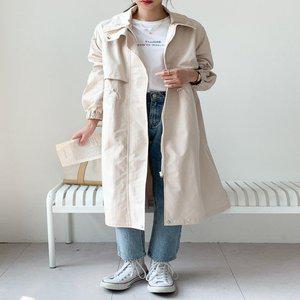 [옷자락]여성 나일론 캐주얼룩 집업 스트링 트렌치 롱 야상 점퍼_P344846596