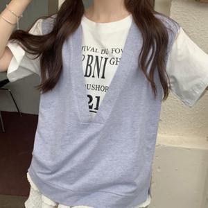 여성 캐주얼 루즈핏 조끼 반팔 티셔츠