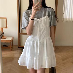 여자 아이보리 레이스 셔링 뷔스티에 미니 원피스