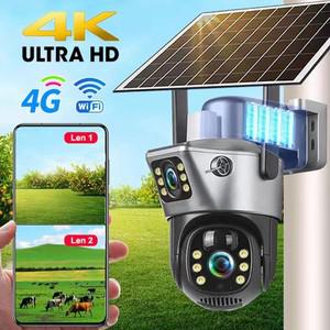 4G Sim 카드 태양 광 카메라 듀얼 렌즈 야외 8MP 4K 저전력 배터리 IP 카메라 PIR 야간 투시경 V380 Pro CC