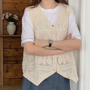 여자 뜨개 크로셰 브이넥 버튼 시스루 박시 면 조끼