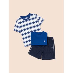 [BEANPOLE KIDS] 스트라이프 & 솔리드 티셔츠와 반바지 3PCS 상하 세트  블루 (BI5442U01P)