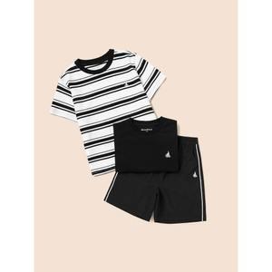 [BEANPOLE KIDS] 스트라이프 & 솔리드 티셔츠와 반바지 3PCS 상하 세트  블랙 (BI5442U015)