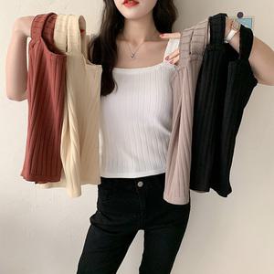 스퀘어넥 굵은 골지라인 크롭스타일 민소매 이너티 어깨끈 뷔스티에 레이어드템 사계절 나시