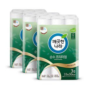 깨끗한나라 3겹 데코 순수 프리미엄 화장지 33m 30롤 3팩