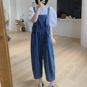 EAMT 여자바지 점프슈트 데님 멜빵 루즈핏 하이웨스트 9부 와이드팬츠 카고 YONG1