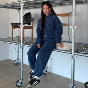 여자 심플 레터링 양기모 후드 맨투맨 조거팬츠 세트