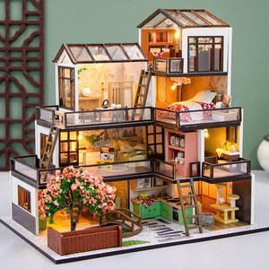DIY 나무 인형 집 드림 타운 카사 미니어처 빌딩 키트 빌라 가구 LED 조명 소녀 생일 선물