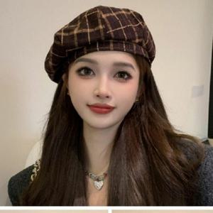 여자 화가 가을 겨울 도톰한 원단 체크베레모 모자