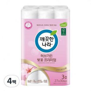 깨끗한나라 허브가든 벚꽃 프리미엄 3겹 롤화장지 천연펄프 27m 30롤, 4팩 one