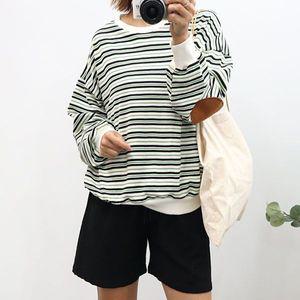 여성 스트라이프 빵떡 가을 면 라운드 줄무늬 루즈핏 긴팔 맨투맨 티 티셔츠