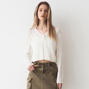 후아유 케이블 부클 리본 가디건 / WHCKE2332F Cable Boucle Ribbon Cardigan