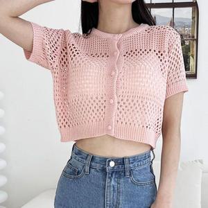 [오노마] ONM 여성 펀칭 숏기장 여름 라운드넥 반팔가디건 포인트룩