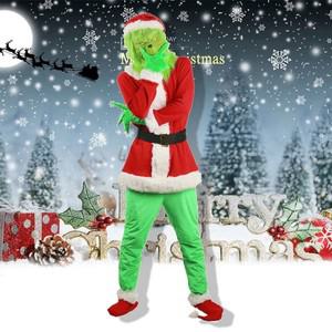 Grinch 코스프레 의상, 애니메이션 녹색 복장, 산타 코스튬, 할로윈 클로스 모자, 장갑 벨트 마스크, 여성