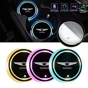 LED 홀더 조명 USB 충전식 컵 매트 창세기 EQ900 G70 G80 G90 GV60 GV70 GV80 GV90 용 7 색 변경 빛나는 컵 받침