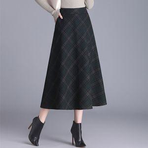 여성 세련도도녀 정장 스커트 하이웨이스트 포켓 체크 모직 패션 반 롱 두꺼운 A라인 OOTD1