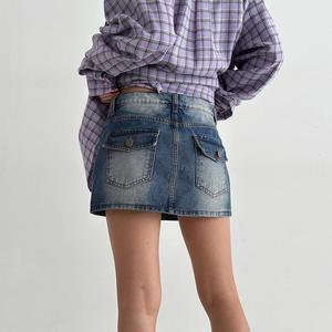 여자 숏데님 카고뒷포켓 워싱 미니스커트