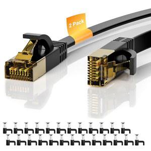 Cat 7 이더넷 케이블 2팩 10FT, Cat7 플랫 고속 10Gbps 600MHz 실드 인터넷 네트워크 패치 블랙 코드, 울트라 슬림 RJ45 LAN 케이블, PS5, 모뎀, 라우터, LAN, 컴퓨터용 25개 클립 포함