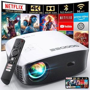 5G 와이파이 및 블루투스가 지원되는 GODEE 스마트 4K 프로젝터, 넷플릭스 /AMAZN 프라임 비디오 인증, 돌비 오디오, 800ANSI 실외 프로젝터, TV STICK, IOS, ANDROID와 호환되는 400인치 ZOOM 홈 시어터 프로젝터
