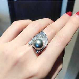 9-10mm 블랙 반원형 진주 패션 반지 925 실버 고급 웨딩 쥬얼리