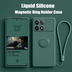포코 X6 프로 X5 X4 GT X3 용 액체 실리콘 케이스 NFC 소프트 펀다 F5 F4 M5S M4 M3 마그네틱 링 거치대 폰